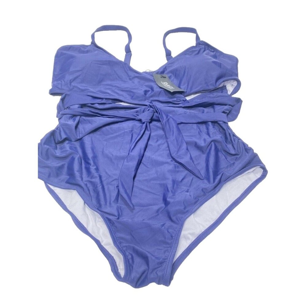 Women's Plus Size One Piece Bathing Suit Blue 18W with Front Tie Accent